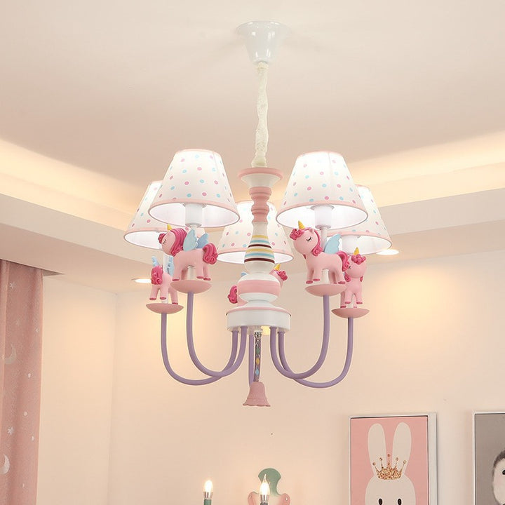 Contemporary Creative Iron &amp; Resin Round Tapered 5-Light Unicorn Chandelier For Kids Bedroom And Living Room