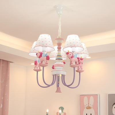 Contemporary Creative Iron & Resin Round Tapered 5-Light Unicorn Chandelier For Kids Bedroom And Living Room