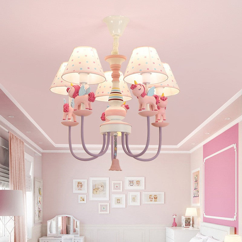 Contemporary Creative Iron & Resin Round Tapered 5-Light Unicorn Chandelier For Kids Bedroom And Living Room