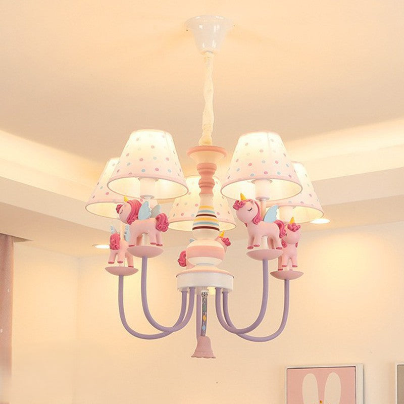 Contemporary Creative Iron &amp; Resin Round Tapered 5-Light Unicorn Chandelier For Kids Bedroom And Living Room