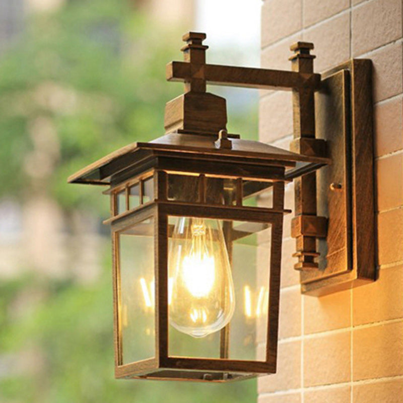 Traditional Rustic Cast Aluminum, Iron & Glass Rectangular 1-Light Wall Sconce Lamp For Outdoor Garden & Patio