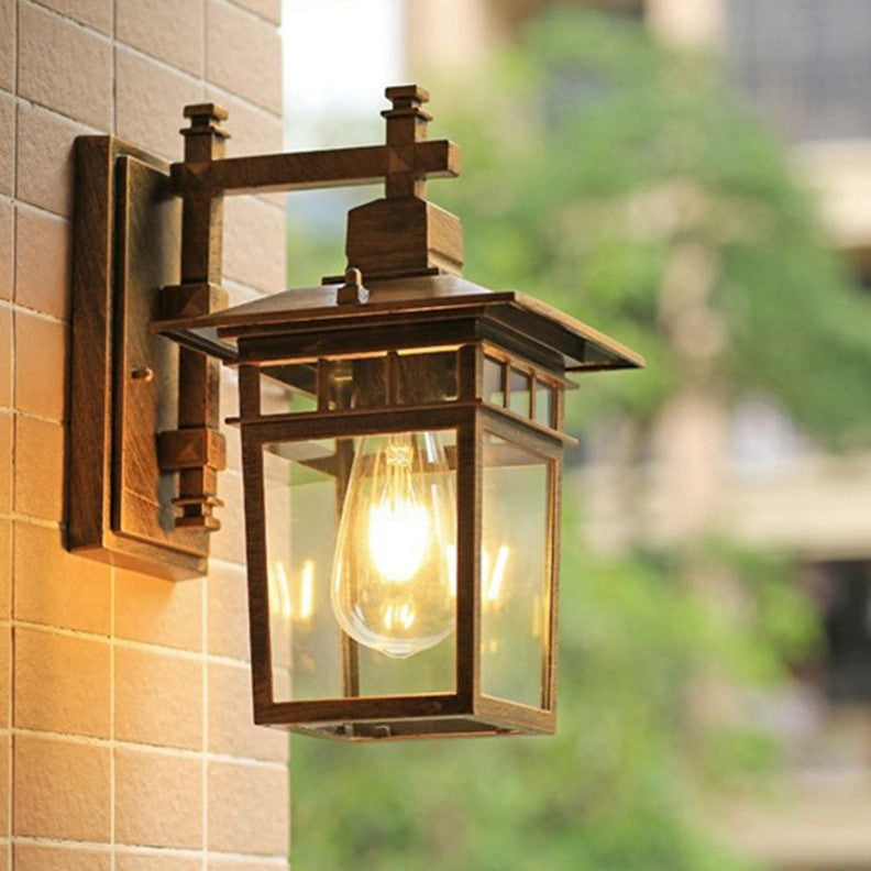 Traditional Rustic Cast Aluminum, Iron & Glass Rectangular 1-Light Wall Sconce Lamp For Outdoor Garden & Patio