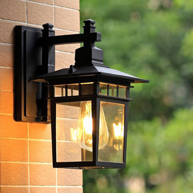 Traditional Rustic Cast Aluminum, Iron & Glass Rectangular 1-Light Wall Sconce Lamp For Outdoor Garden & Patio