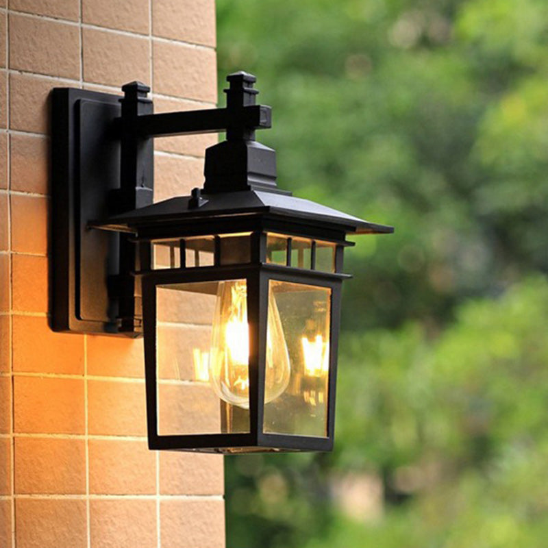 Traditional Rustic Cast Aluminum, Iron & Glass Rectangular 1-Light Wall Sconce Lamp For Outdoor Garden & Patio
