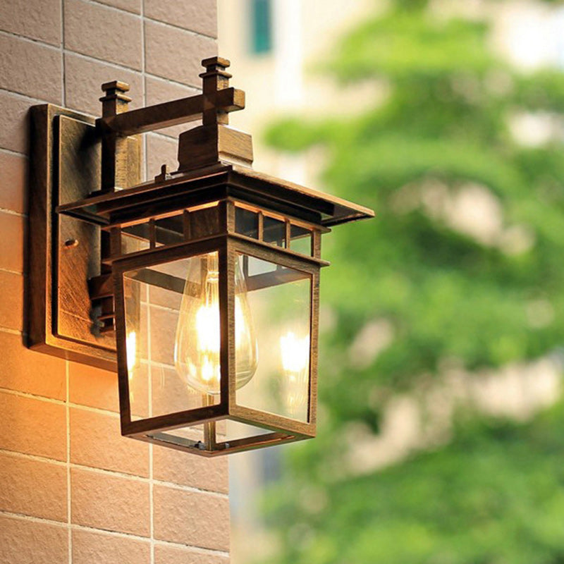 Traditional Rustic Cast Aluminum, Iron & Glass Rectangular 1-Light Wall Sconce Lamp For Outdoor Garden & Patio