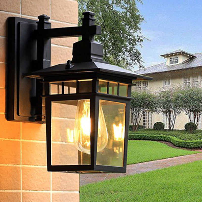 Traditional Rustic Cast Aluminum, Iron & Glass Rectangular 1-Light Wall Sconce Lamp For Outdoor Garden & Patio