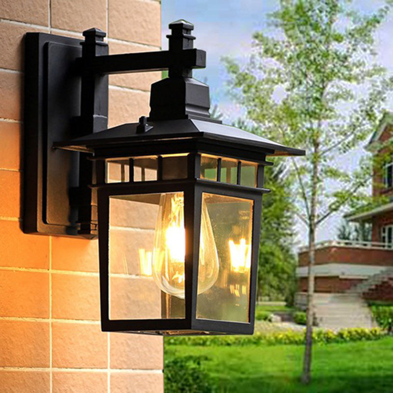 Traditional Rustic Cast Aluminum, Iron & Glass Rectangular 1-Light Wall Sconce Lamp For Outdoor Garden & Patio