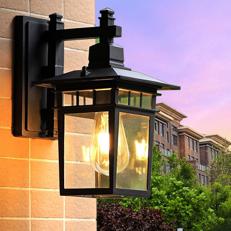 Traditional Rustic Cast Aluminum, Iron & Glass Rectangular 1-Light Wall Sconce Lamp For Outdoor Garden & Patio
