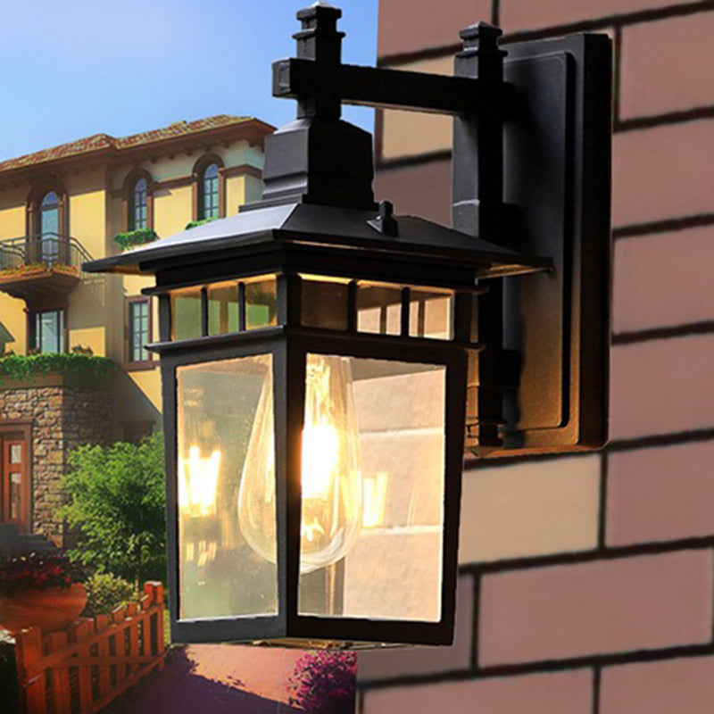 Traditional Rustic Cast Aluminum, Iron & Glass Rectangular 1-Light Wall Sconce Lamp For Outdoor Garden & Patio