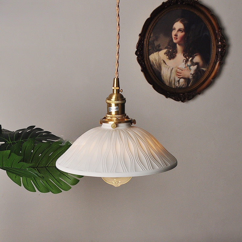 Traditional Japanese Brass &amp; Ceramic Cone Pendant Light 1-Light For Bedroom, Dining Room, Living Room