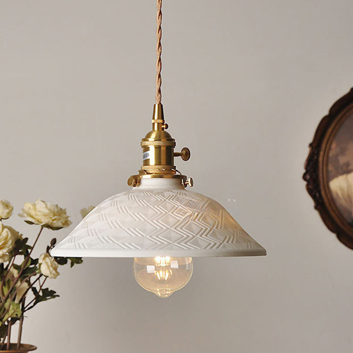 Traditional Japanese Brass &amp; Ceramic Cone Pendant Light 1-Light For Bedroom, Dining Room, Living Room