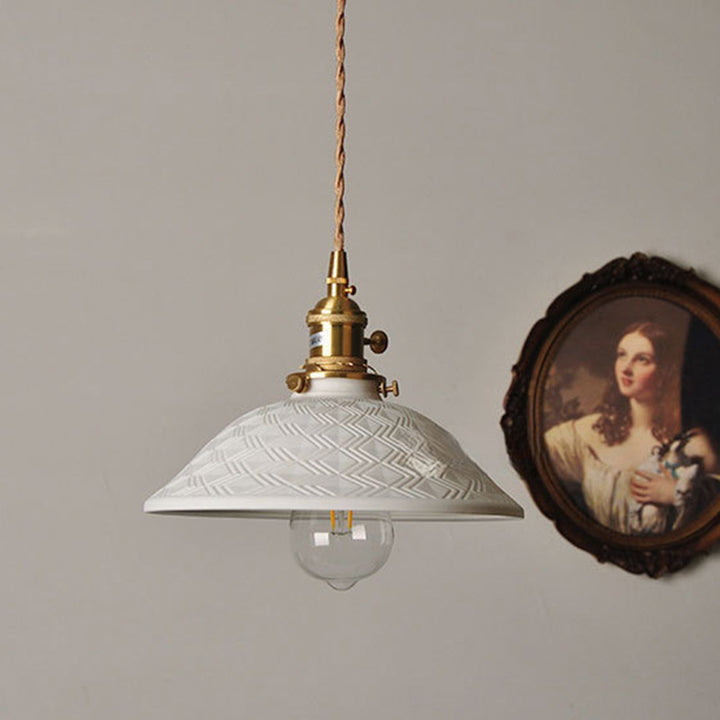 Traditional Japanese Brass &amp; Ceramic Cone Pendant Light 1-Light For Bedroom, Dining Room, Living Room