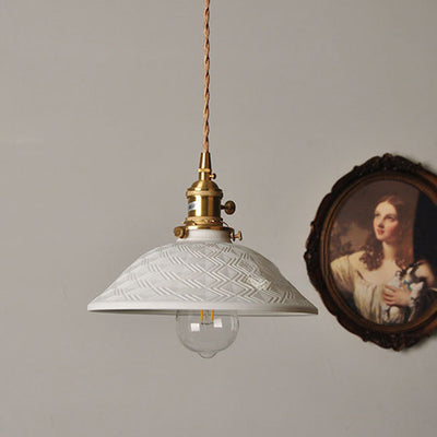 Traditional Japanese Brass & Ceramic Cone Pendant Light 1-Light For Bedroom, Dining Room, Living Room