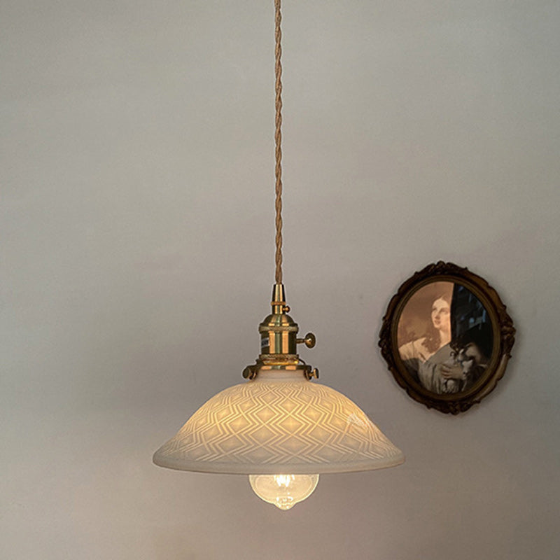 Traditional Japanese Brass & Ceramic Cone Pendant Light 1-Light For Bedroom, Dining Room, Living Room
