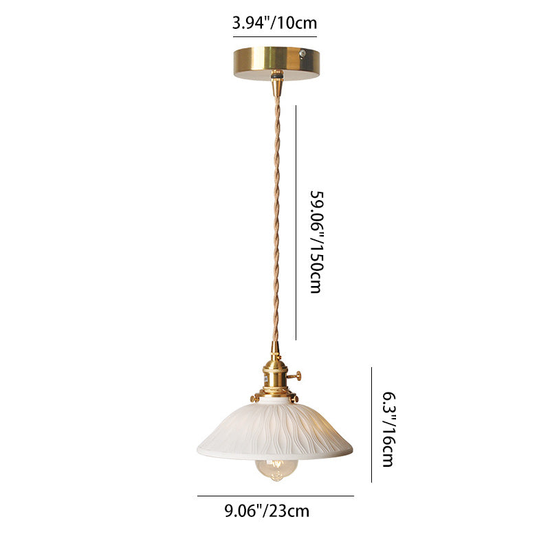 Traditional Japanese Brass &amp; Ceramic Cone Pendant Light 1-Light For Bedroom, Dining Room, Living Room