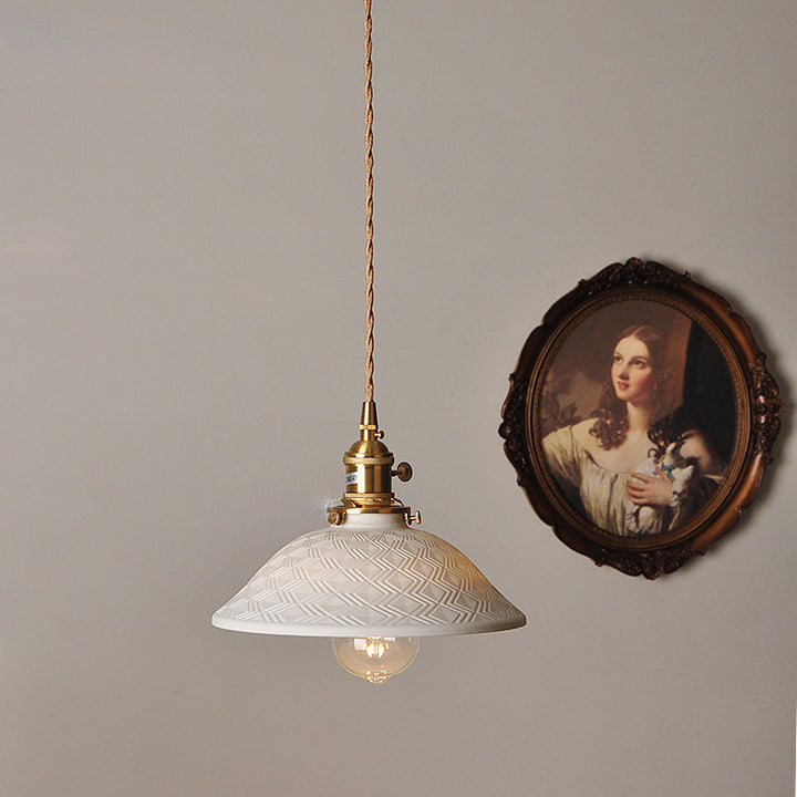 Traditional Japanese Brass &amp; Ceramic Cone Pendant Light 1-Light For Bedroom, Dining Room, Living Room
