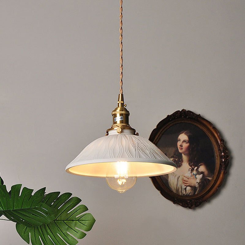 Traditional Japanese Brass &amp; Ceramic Cone Pendant Light 1-Light For Bedroom, Dining Room, Living Room