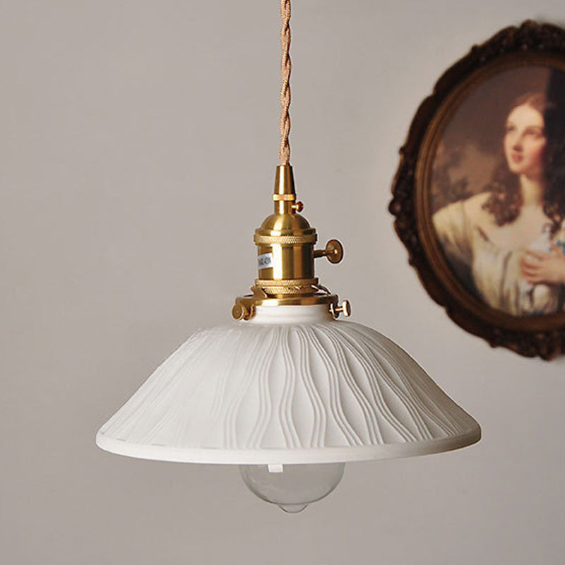 Traditional Japanese Brass & Ceramic Cone Pendant Light 1-Light For Bedroom, Dining Room, Living Room