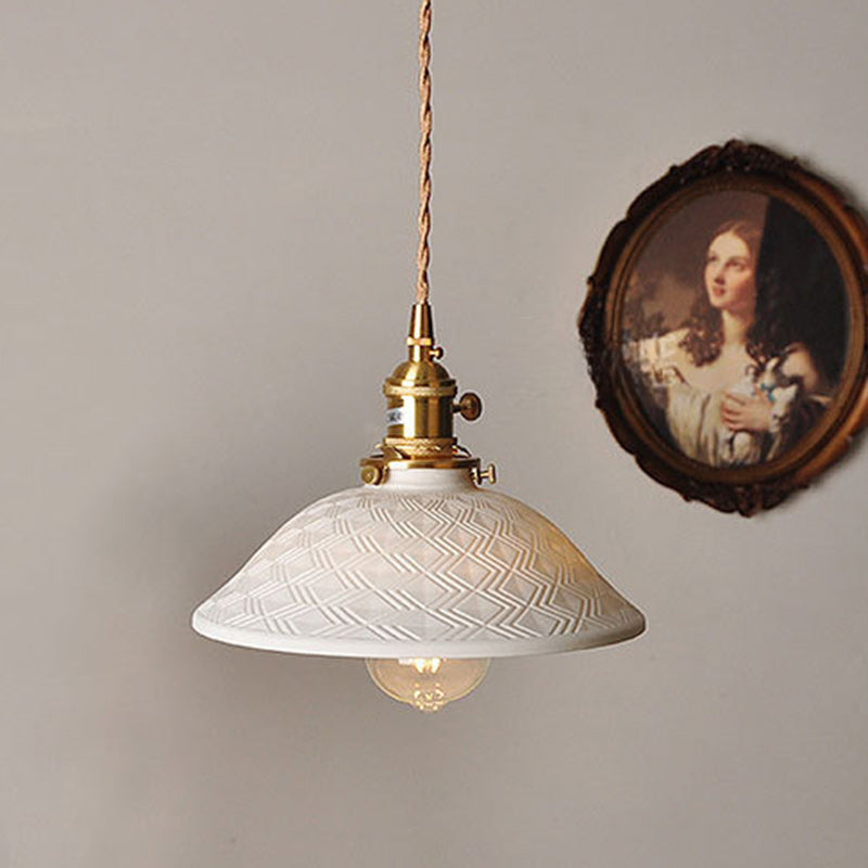 Traditional Japanese Brass & Ceramic Cone Pendant Light 1-Light For Bedroom, Dining Room, Living Room