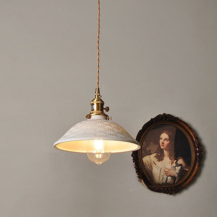Traditional Japanese Brass &amp; Ceramic Cone Pendant Light 1-Light For Bedroom, Dining Room, Living Room