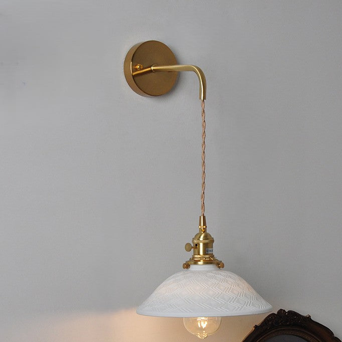 Traditional Japanese Brass & Ceramic Cone Shade Wall Sconce 1-Light Adjustable Cord For Bedroom, Living Room