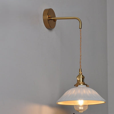 Traditional Japanese Brass & Ceramic Cone Shade Wall Sconce 1-Light Adjustable Cord For Bedroom, Living Room