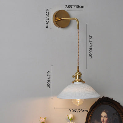 Traditional Japanese Brass & Ceramic Cone Shade Wall Sconce 1-Light Adjustable Cord For Bedroom, Living Room