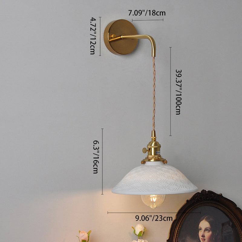 Traditional Japanese Brass & Ceramic Cone Shade Wall Sconce 1-Light Adjustable Cord For Bedroom, Living Room