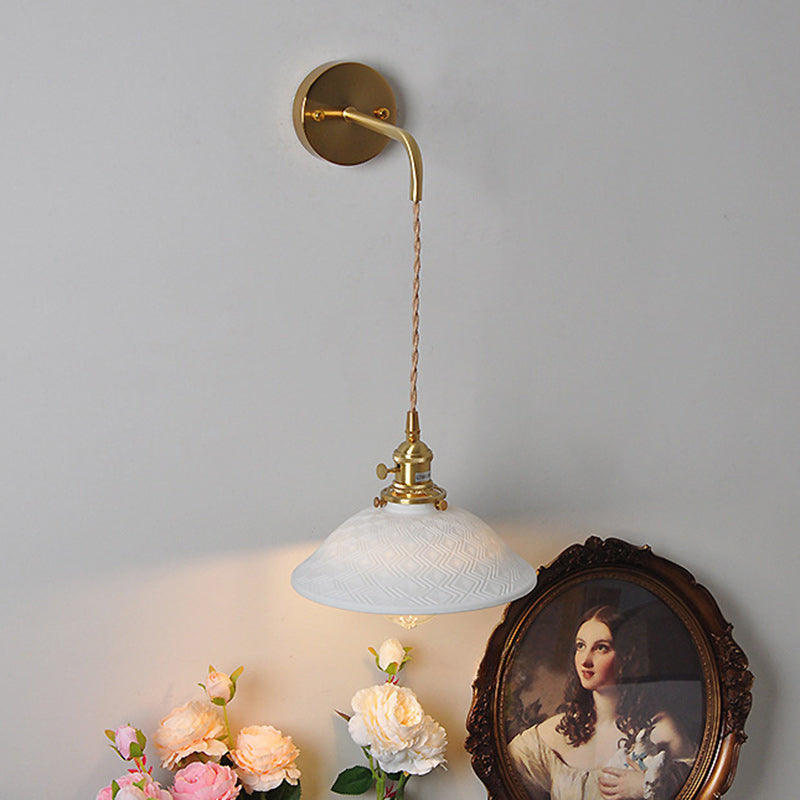 Traditional Japanese Brass & Ceramic Cone Shade Wall Sconce 1-Light Adjustable Cord For Bedroom, Living Room