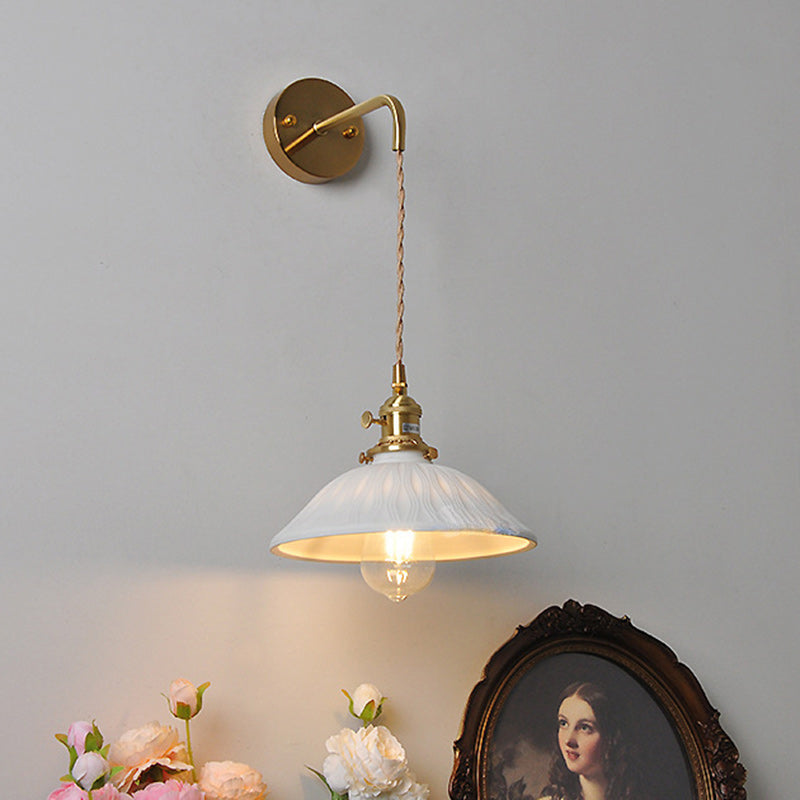 Traditional Japanese Brass & Ceramic Cone Shade Wall Sconce 1-Light Adjustable Cord For Bedroom, Living Room