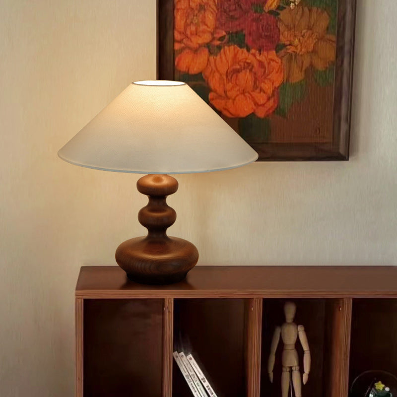 Traditional French Ash Wood & Fabric Gourd-Shaped 1-Light Table Lamp With Conical Shade For Bedroom & Living Room