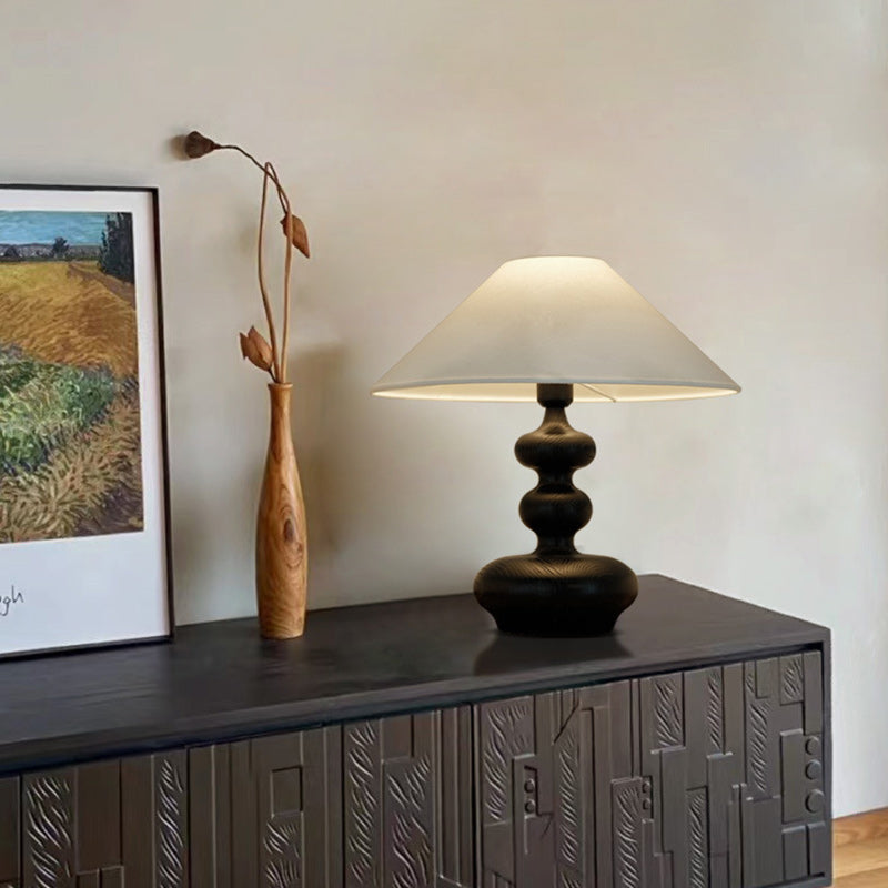 Traditional French Ash Wood & Fabric Gourd-Shaped 1-Light Table Lamp With Conical Shade For Bedroom & Living Room