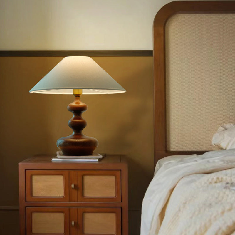 Traditional French Ash Wood & Fabric Gourd-Shaped 1-Light Table Lamp With Conical Shade For Bedroom & Living Room