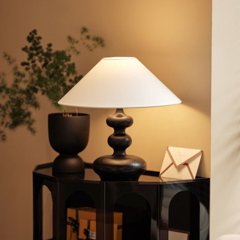 Traditional French Ash Wood & Fabric Gourd-Shaped 1-Light Table Lamp With Conical Shade For Bedroom & Living Room