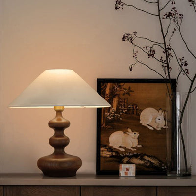 Traditional French Ash Wood & Fabric Gourd-Shaped 1-Light Table Lamp With Conical Shade For Bedroom & Living Room