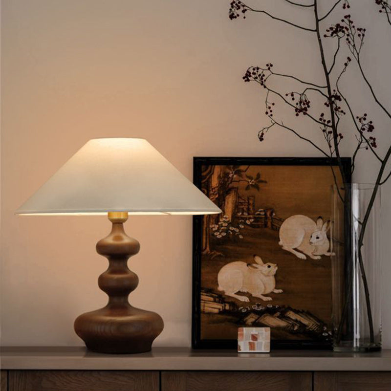 Traditional French Ash Wood & Fabric Gourd-Shaped 1-Light Table Lamp With Conical Shade For Bedroom & Living Room