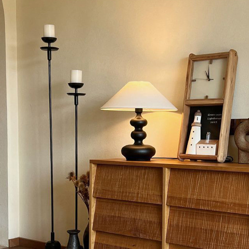 Traditional French Ash Wood & Fabric Gourd-Shaped 1-Light Table Lamp With Conical Shade For Bedroom & Living Room