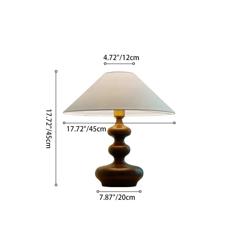 Traditional French Ash Wood & Fabric Gourd-Shaped 1-Light Table Lamp With Conical Shade For Bedroom & Living Room