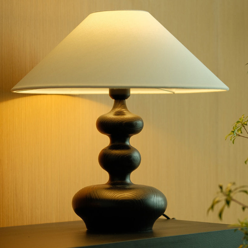 Traditional French Ash Wood & Fabric Gourd-Shaped 1-Light Table Lamp With Conical Shade For Bedroom & Living Room