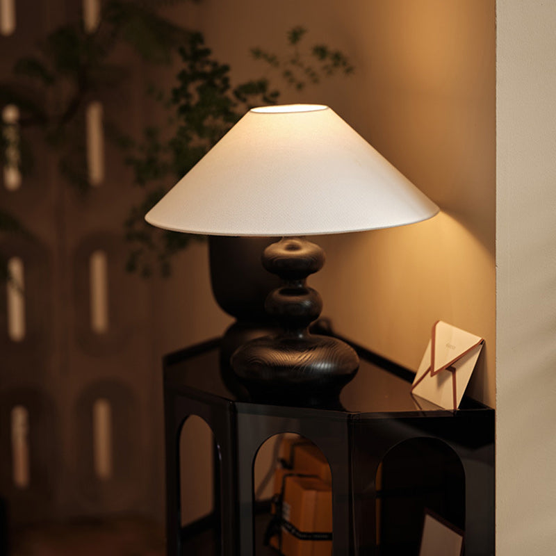 Traditional French Ash Wood & Fabric Gourd-Shaped 1-Light Table Lamp With Conical Shade For Bedroom & Living Room