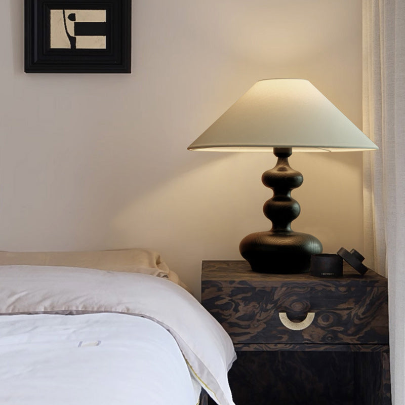 Traditional French Ash Wood & Fabric Gourd-Shaped 1-Light Table Lamp With Conical Shade For Bedroom & Living Room