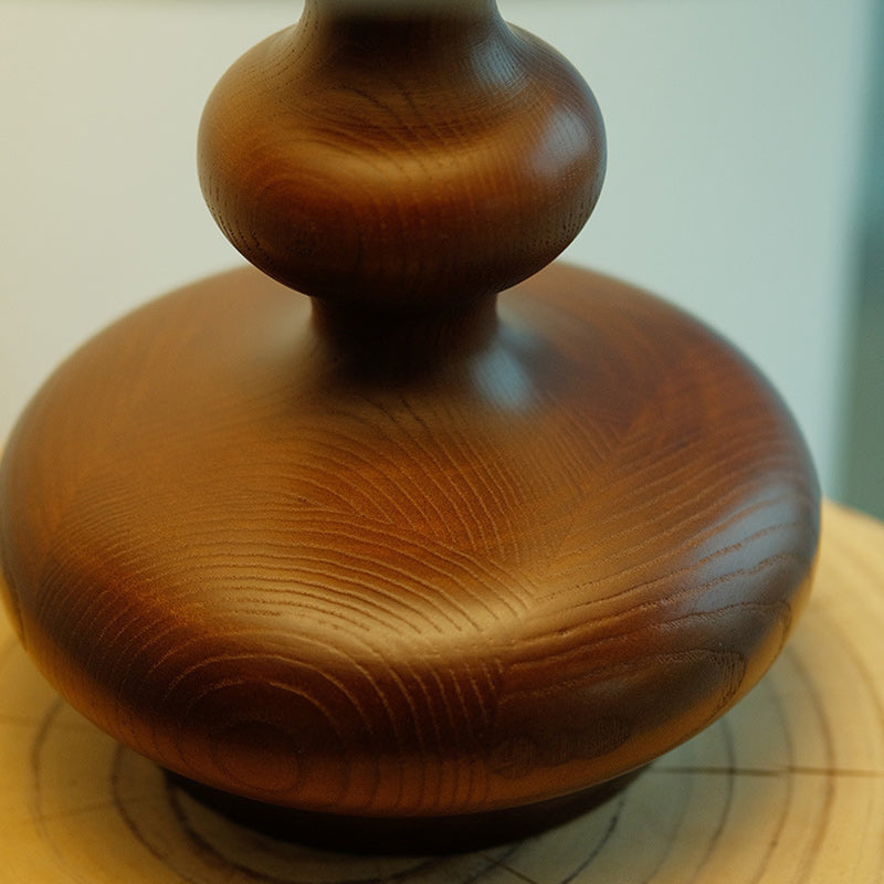 Traditional French Ash Wood & Fabric Gourd-Shaped 1-Light Table Lamp With Conical Shade For Bedroom & Living Room