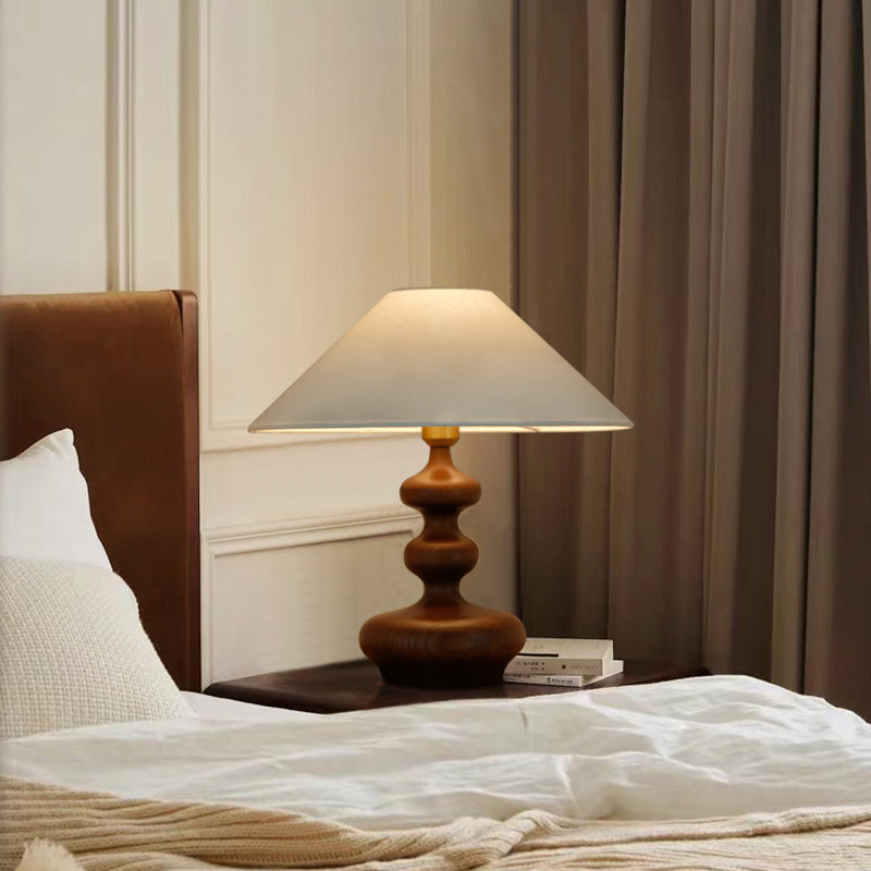 Traditional French Ash Wood & Fabric Gourd-Shaped 1-Light Table Lamp With Conical Shade For Bedroom & Living Room