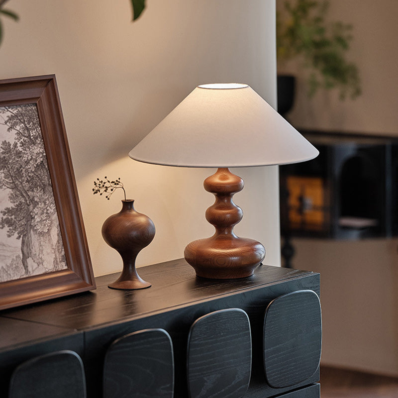 Traditional French Ash Wood & Fabric Gourd-Shaped 1-Light Table Lamp With Conical Shade For Bedroom & Living Room