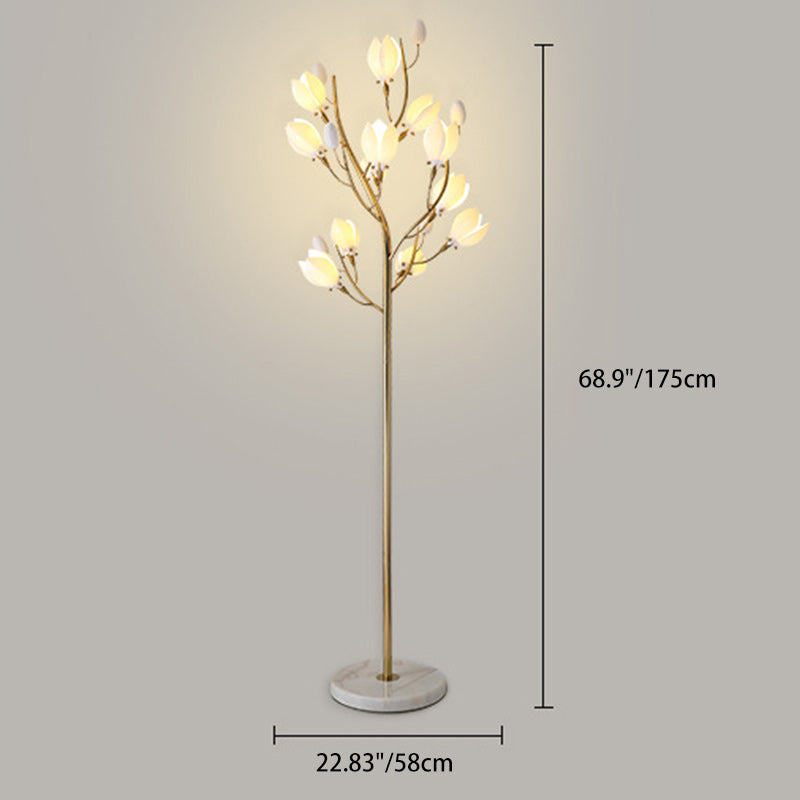 Contemporary Creative Iron & Ceramic Magnolia-Shaped 12-Light Standing Floor Lamp For Bedroom & Living Room