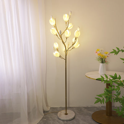 Contemporary Creative Iron & Ceramic Magnolia-Shaped 12-Light Standing Floor Lamp For Bedroom & Living Room