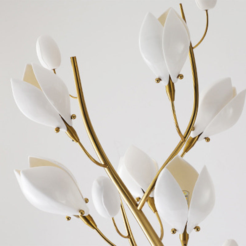 Contemporary Creative Iron & Ceramic Magnolia-Shaped 12-Light Standing Floor Lamp For Bedroom & Living Room