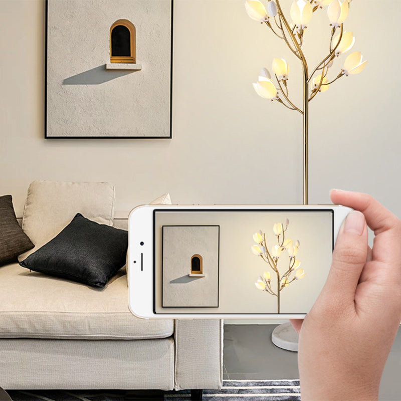 Contemporary Creative Iron & Ceramic Magnolia-Shaped 12-Light Standing Floor Lamp For Bedroom & Living Room