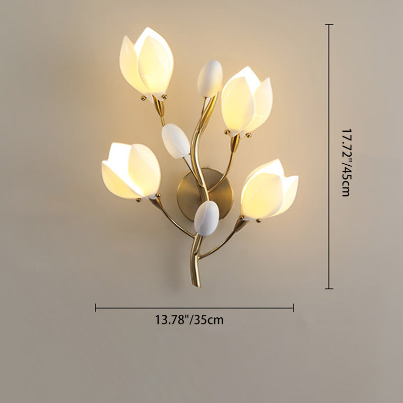 Contemporary Creative Iron &amp; Ceramic Magnolia-Shaped 4-Light Wall Sconce Lamp For Bedroom &amp; Living Room