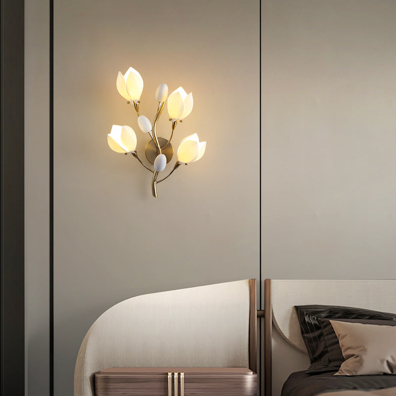 Contemporary Creative Iron & Ceramic Magnolia-Shaped 4-Light Wall Sconce Lamp For Bedroom & Living Room